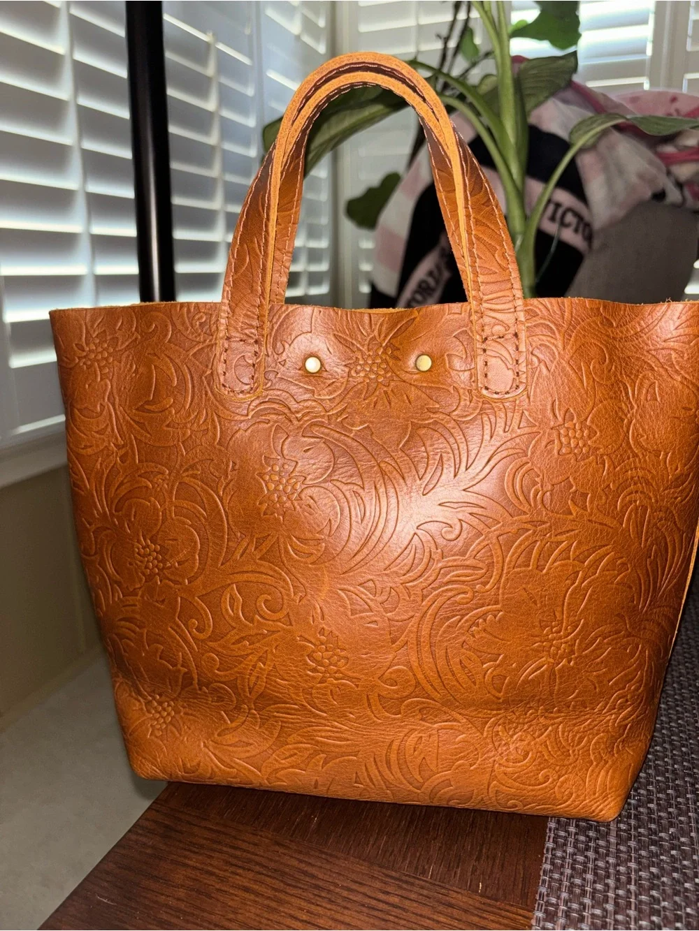 Portland Leather mini Embossed Floral Tote in Meadow